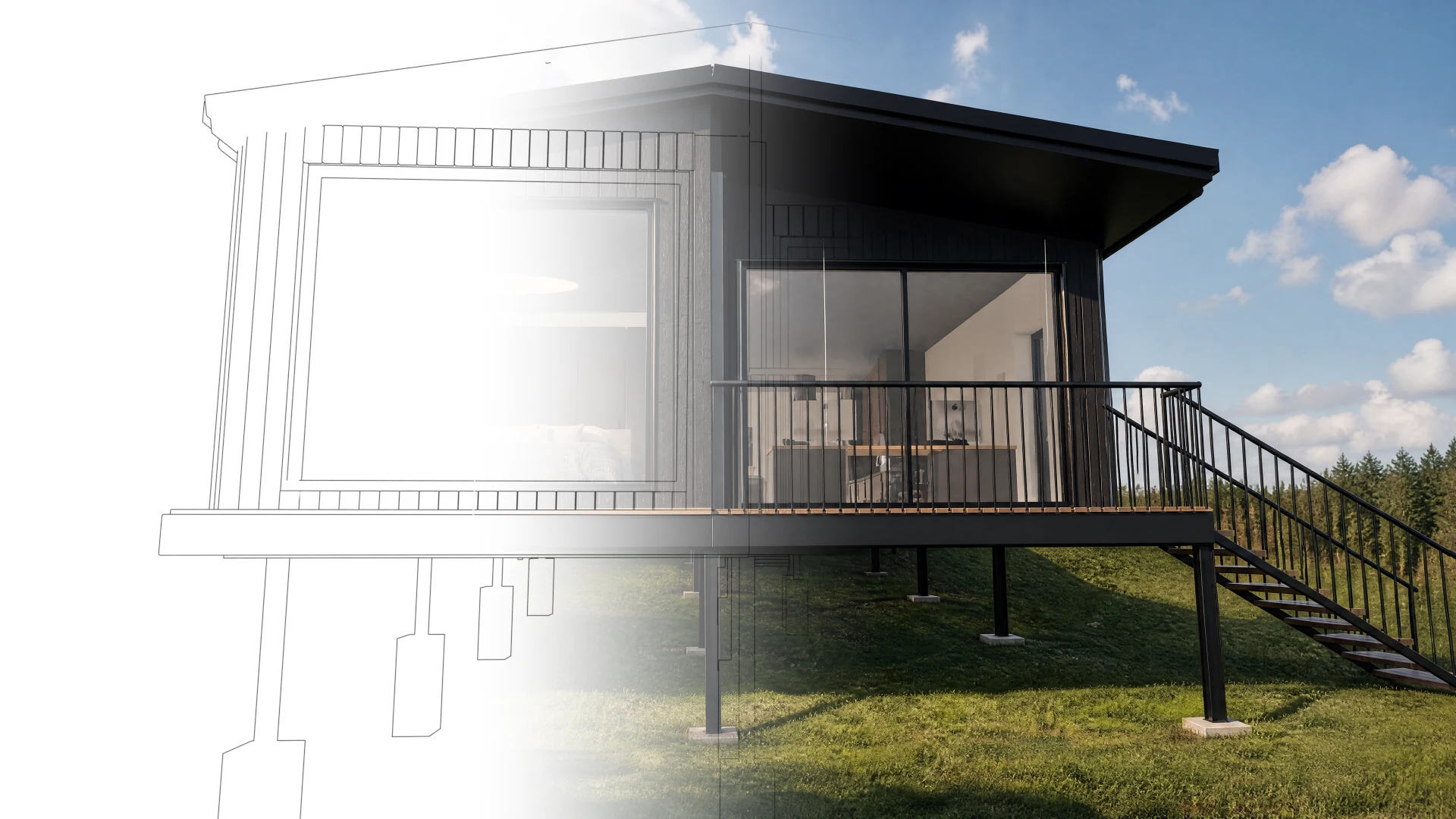 Vom Entwurf zum Haus: Unser eigenes Modell — links die Konstruktion, rechts das fertige Bild.